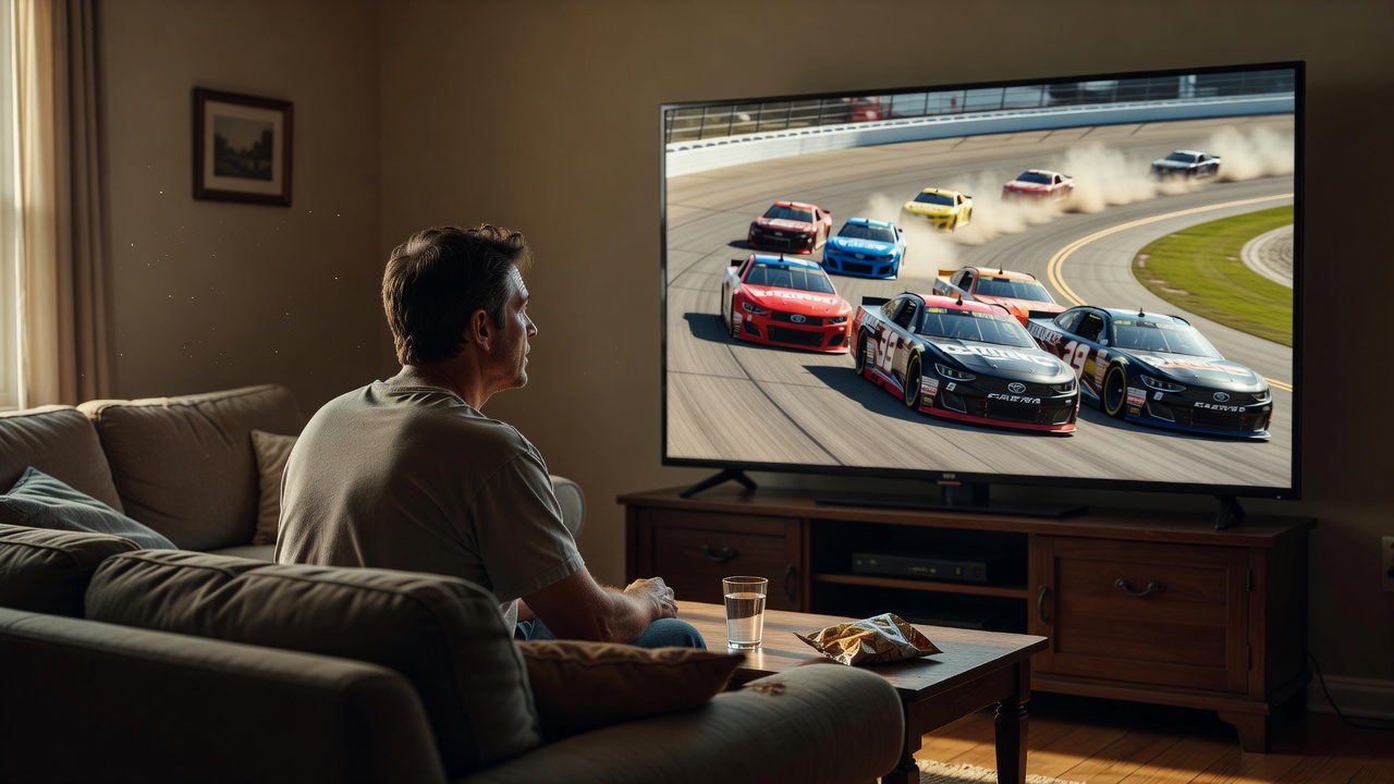 A living room TV showing a NASCAR race with a fan watching from a couch